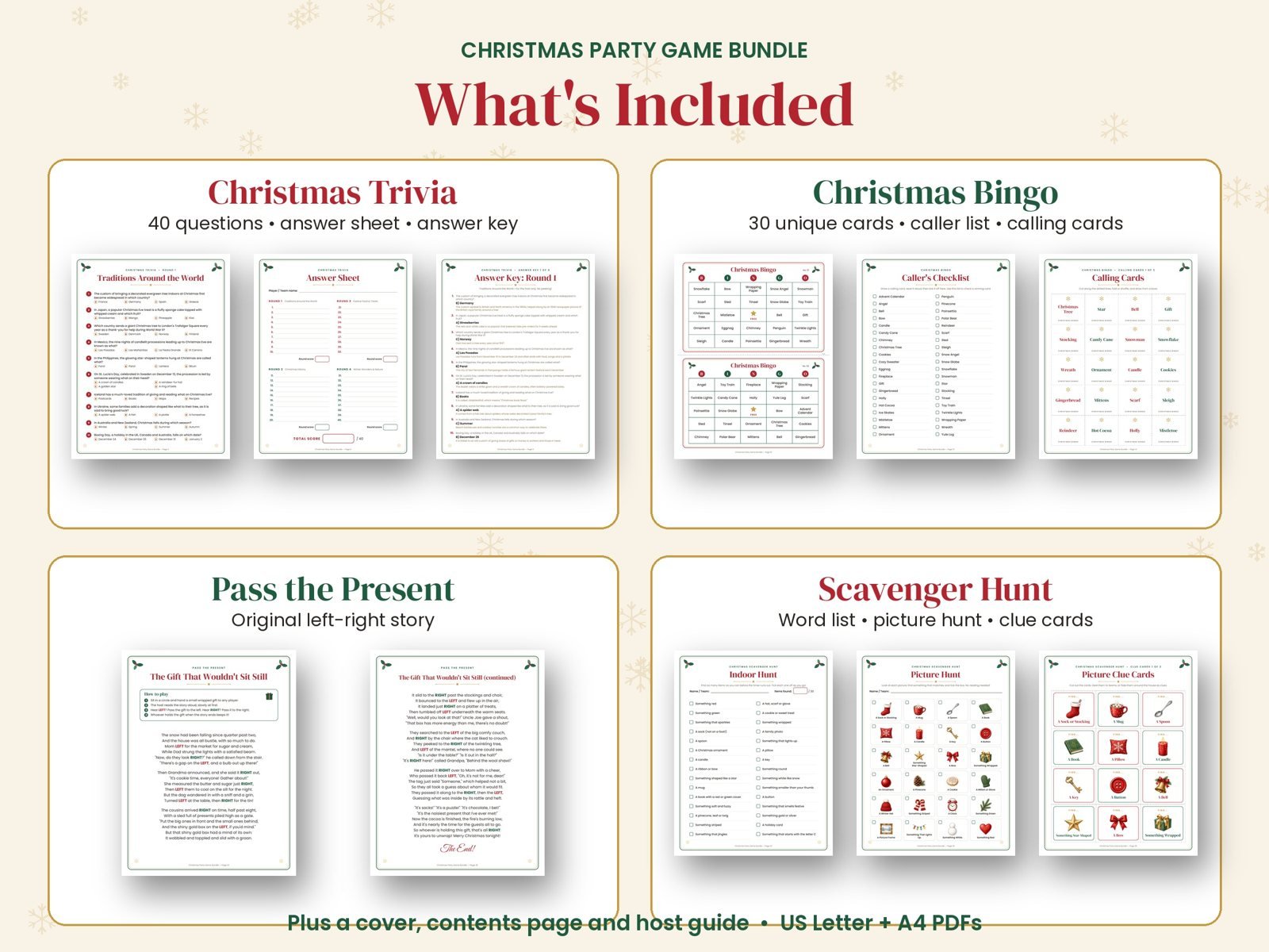Overview of the printable Christmas game pages: trivia, bingo cards, pass the present story and a picture scavenger hunt