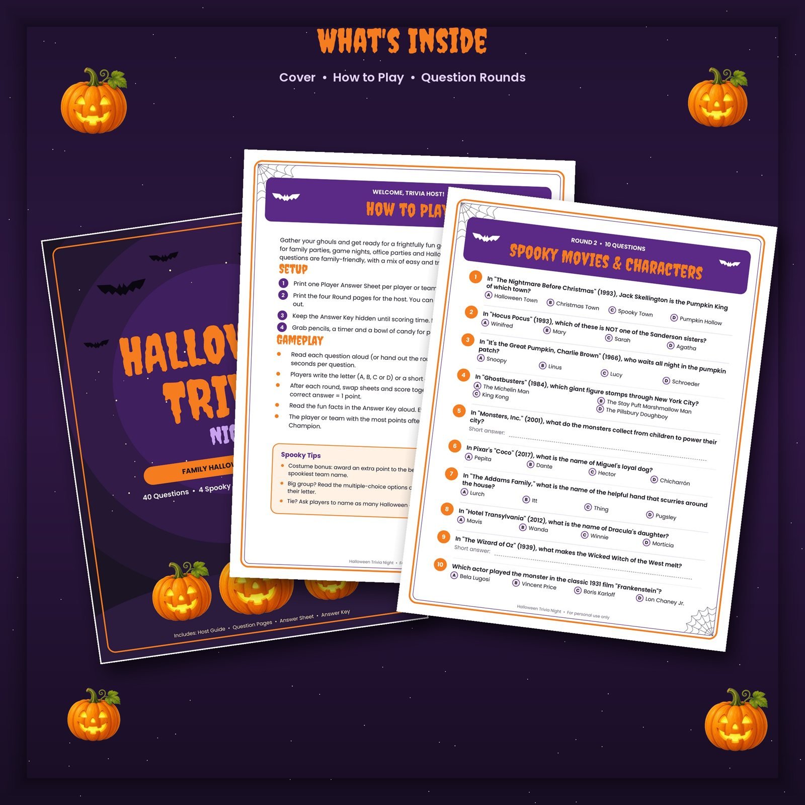 Halloween trivia printable pages laid out: cover, how-to-play host guide and a round of multiple-choice questions