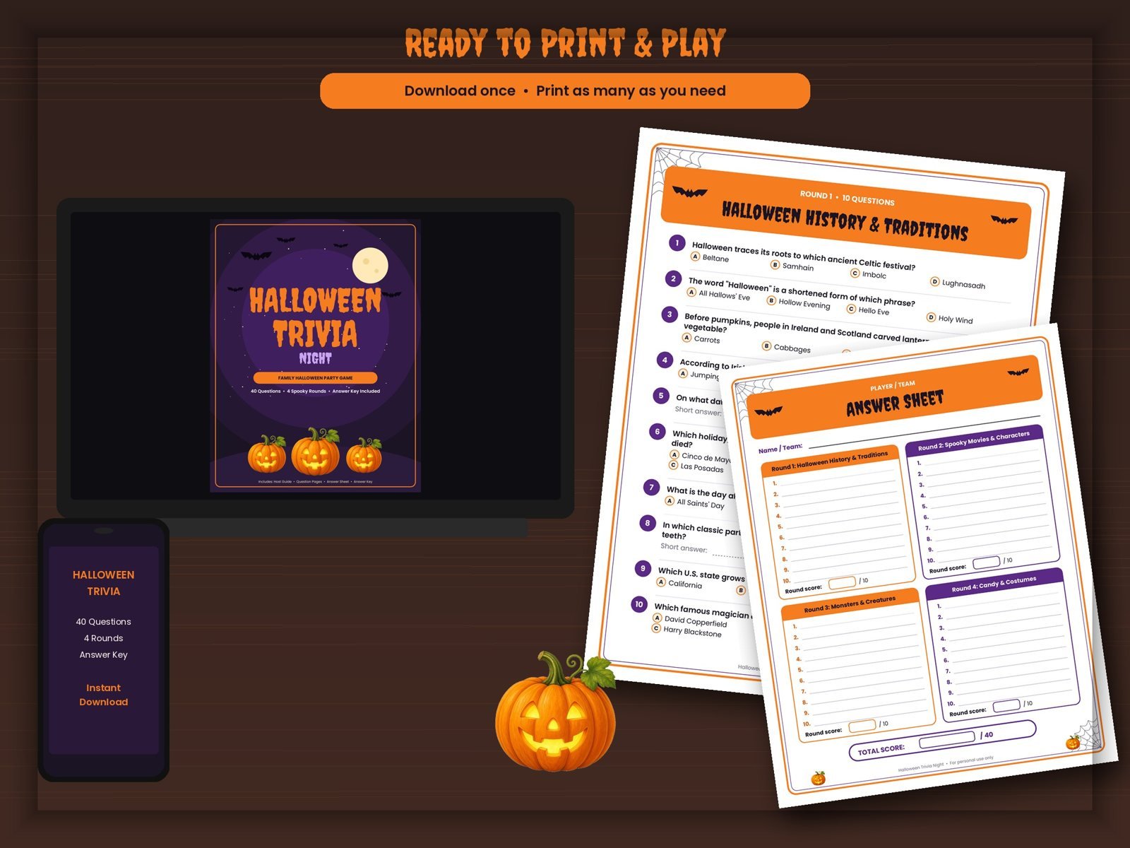 Halloween trivia night printables on a desk with a blank team answer sheet, question page and a carved pumpkin
