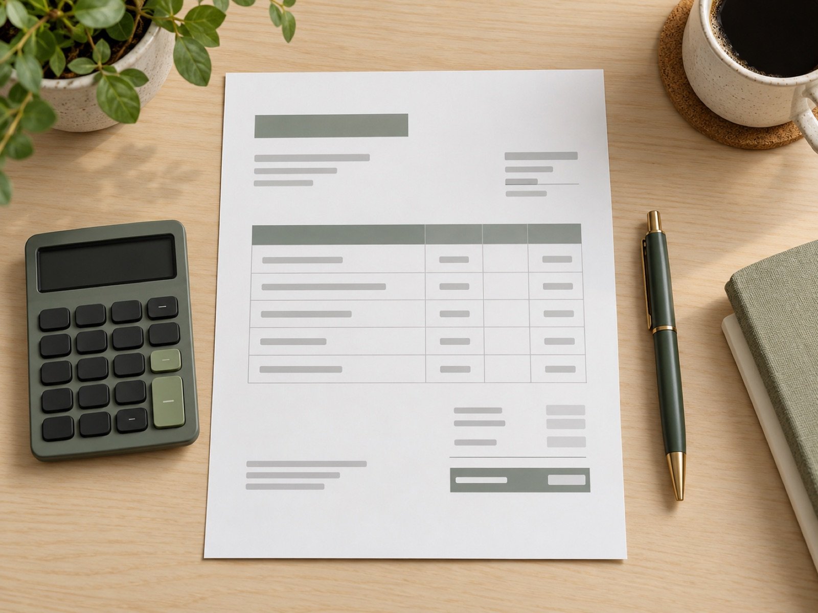 A clean invoice page with an itemized table, calculator, and pen.