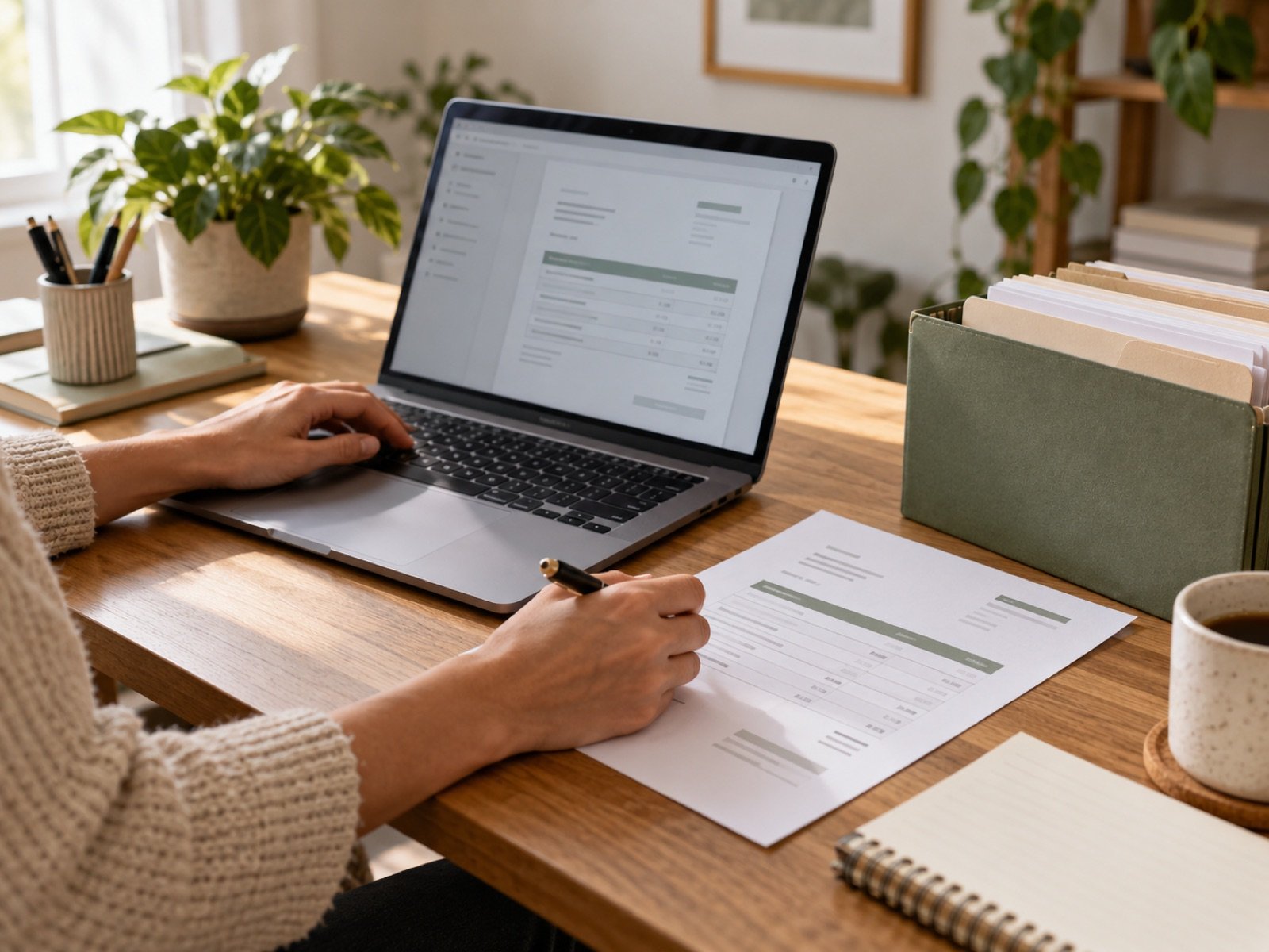 A small business owner reviewing an invoice and keeping client records organized.