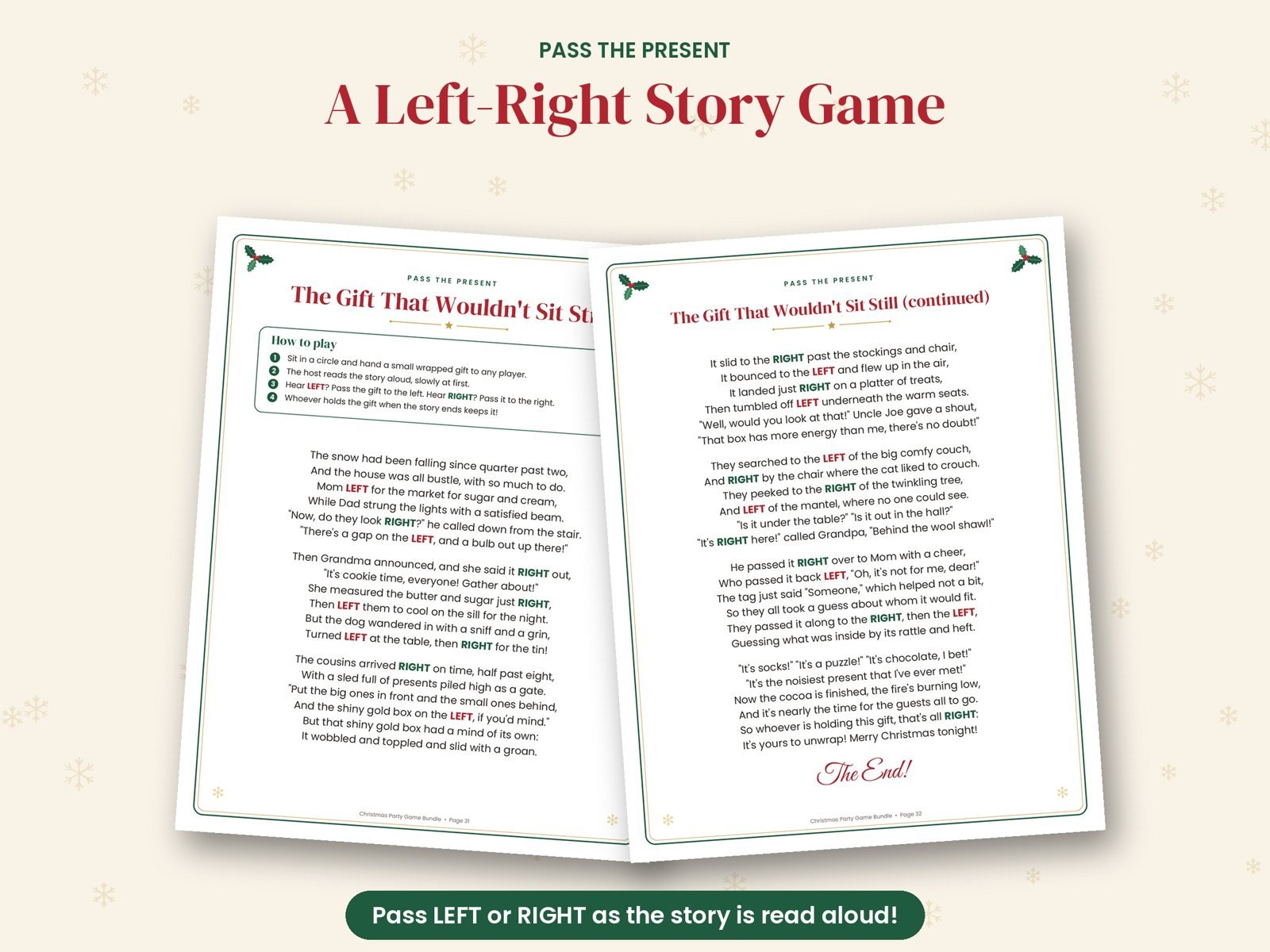 Printable pass the present left-right story game pages with LEFT and RIGHT cues highlighted
