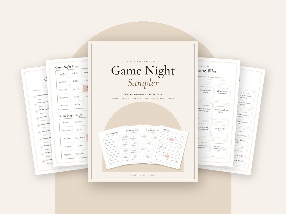 Game Night Sampler printable pages: trivia round, Would You Rather cards, Find Someone Who sheet and bingo cards