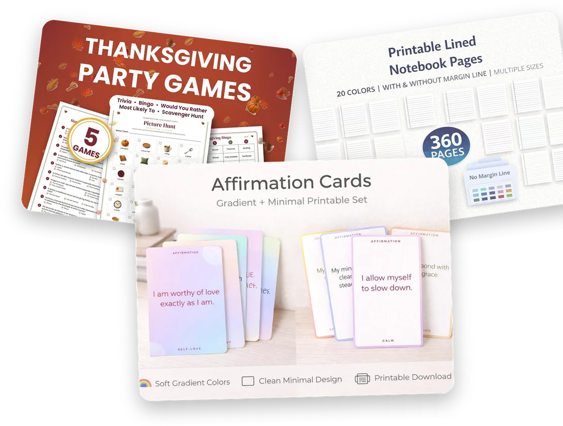 Templable printables: Thanksgiving party games, lined notebook pages and affirmation cards