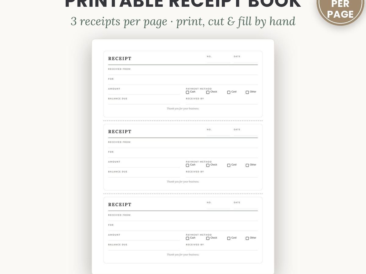 Printable receipt book template