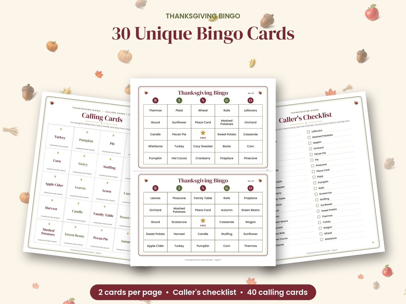 Printable Thanksgiving bingo cards, two per page, with a caller's checklist and cut-apart calling cards