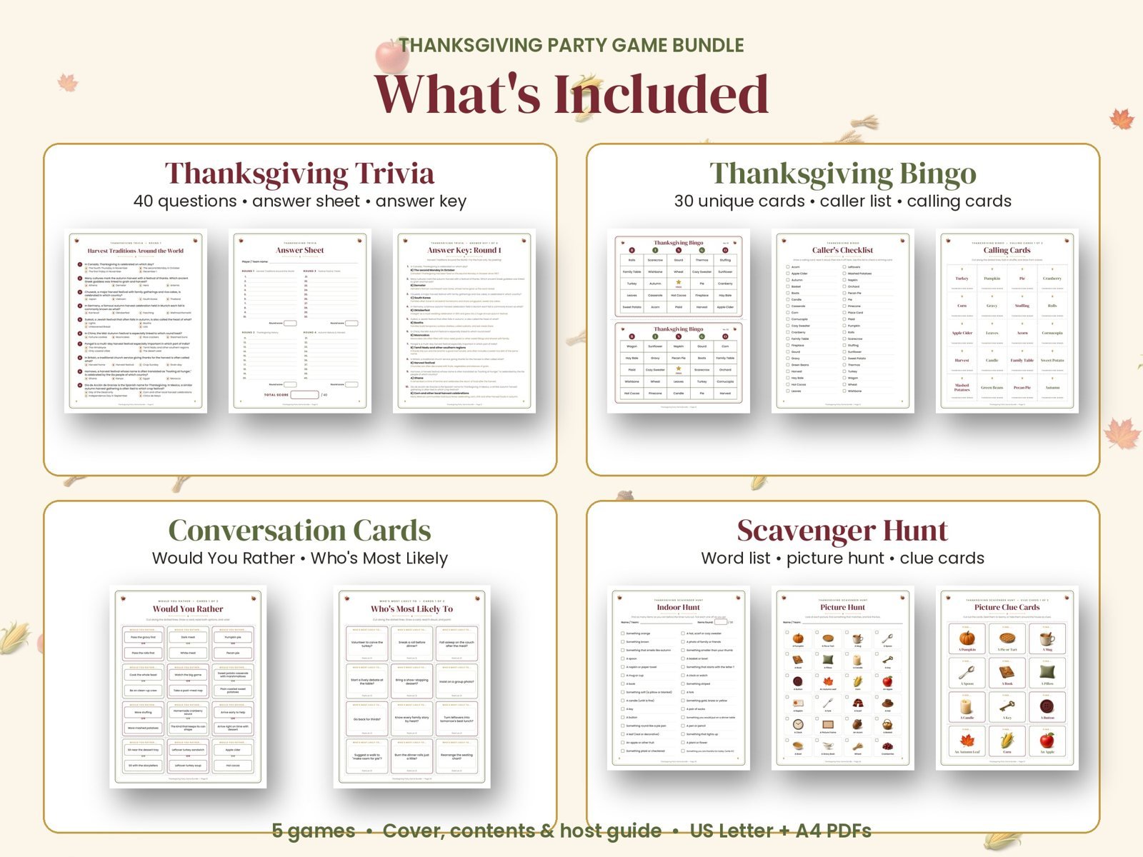 Overview of the printable Thanksgiving game pages: trivia with answer sheet, bingo cards, conversation cards and a picture scavenger hunt